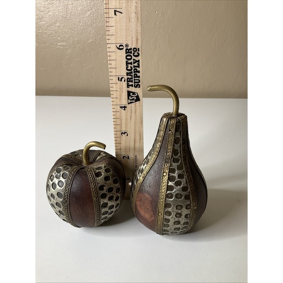 Vintage Charles Marcak Turned Wooden Apple & Pear Ornate Metal 5.25" x 3" - Picture 5 of 5